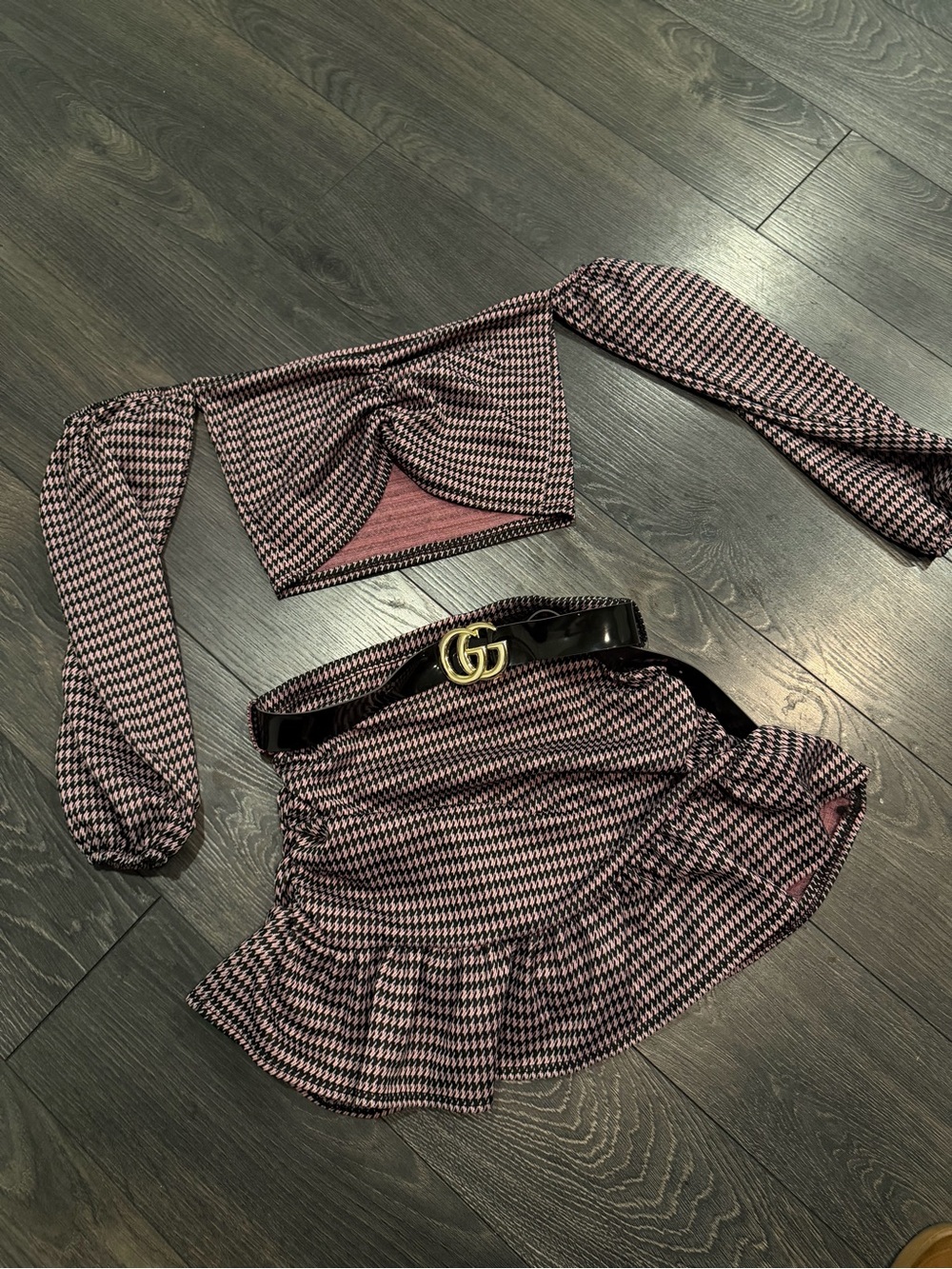 SHEIN Pink Houndstooth Ruffle Mini Skirt Set